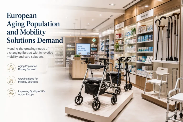European pharmacy displaying mobility aids for aging population