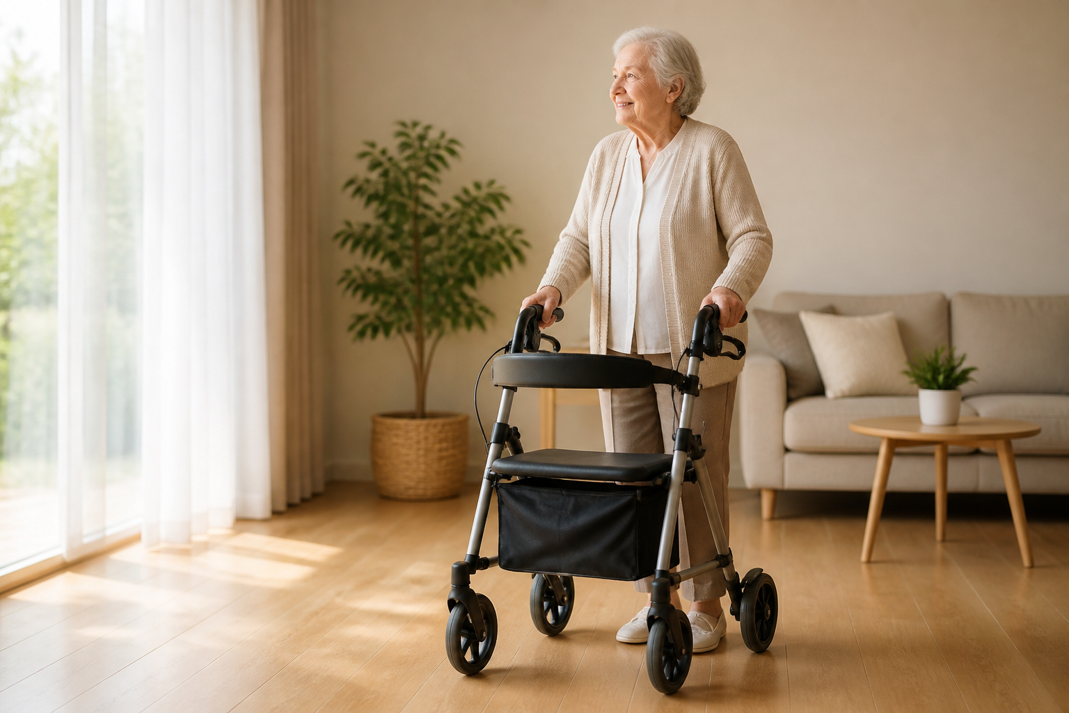 Elderly woman walking with a rollator in a bright living room